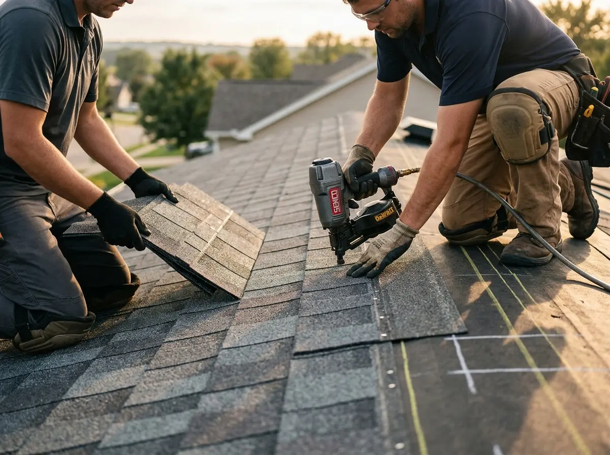 Professional roofer working on a residential roof in Rainbow Springs